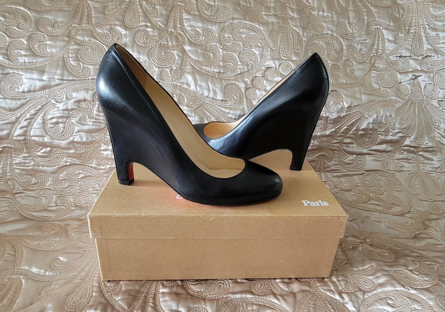 Christian Louboutin: Black Nappa Leather Morph Wedge Size 39 1/2 - "Like New"