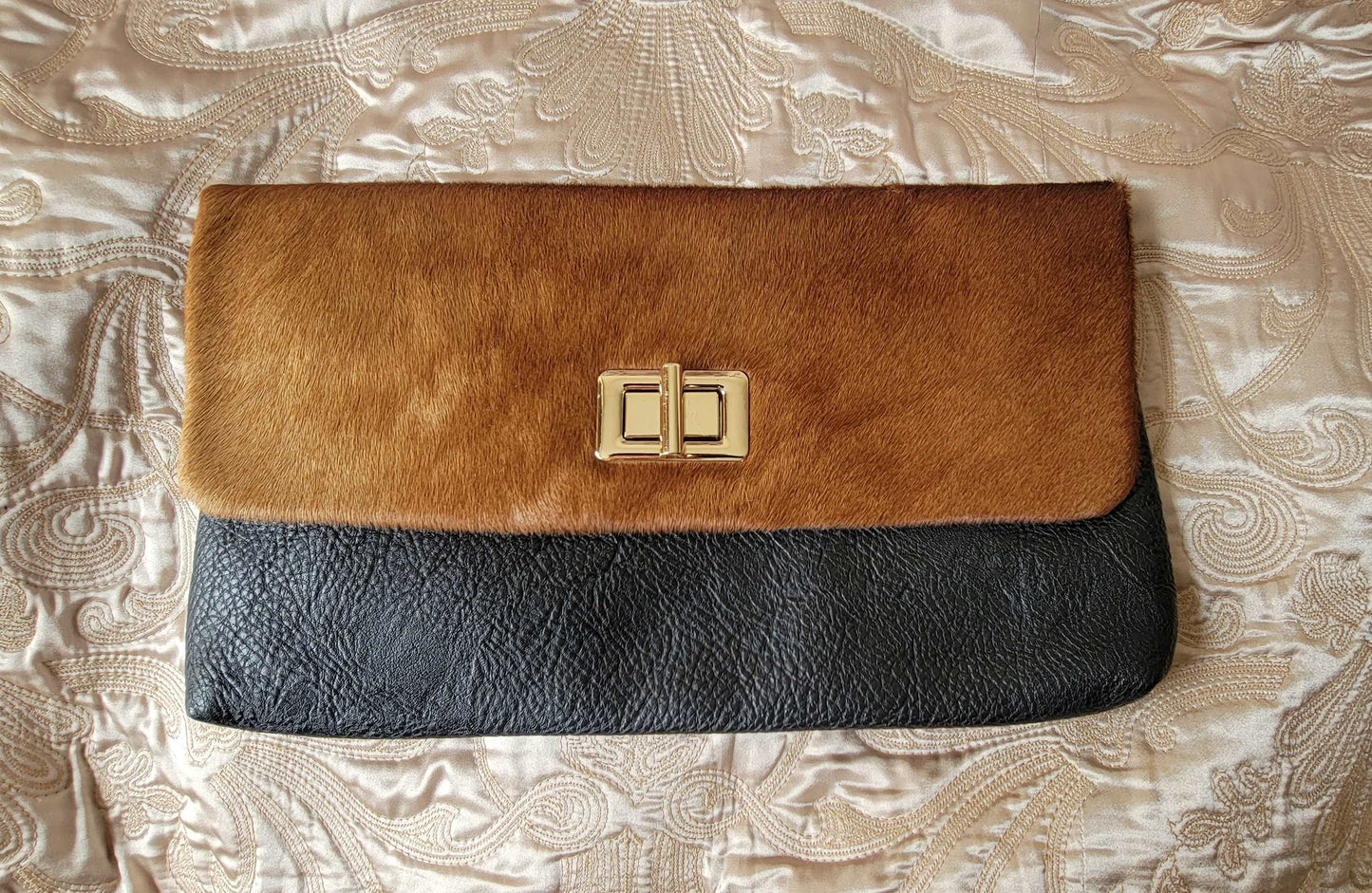 Large black clutch faux leather with authentic Horse Hair