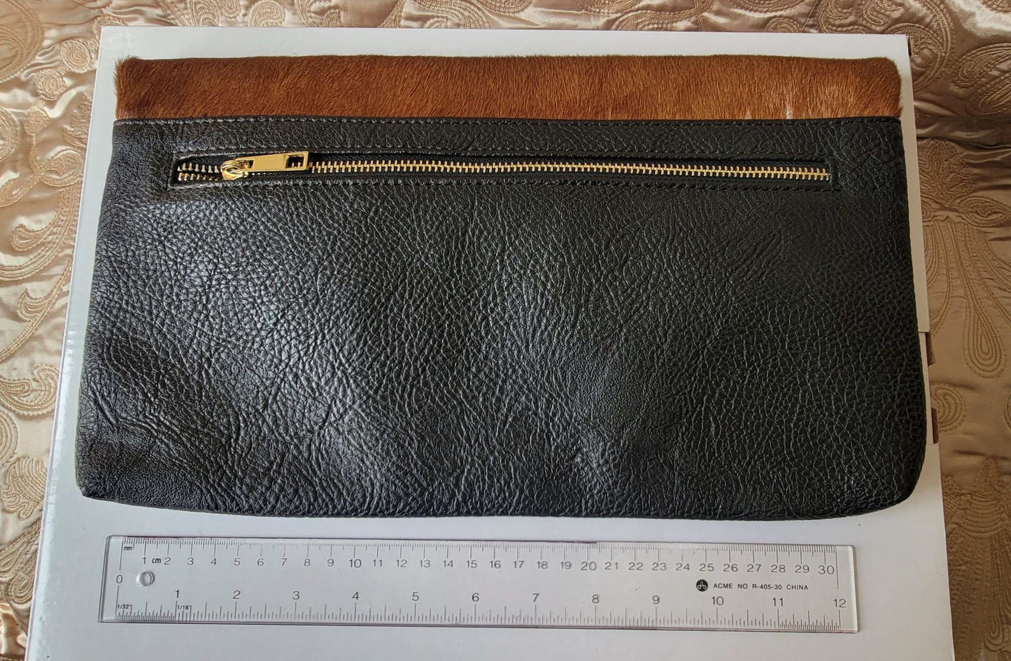 Large black clutch faux leather with authentic Horse Hair