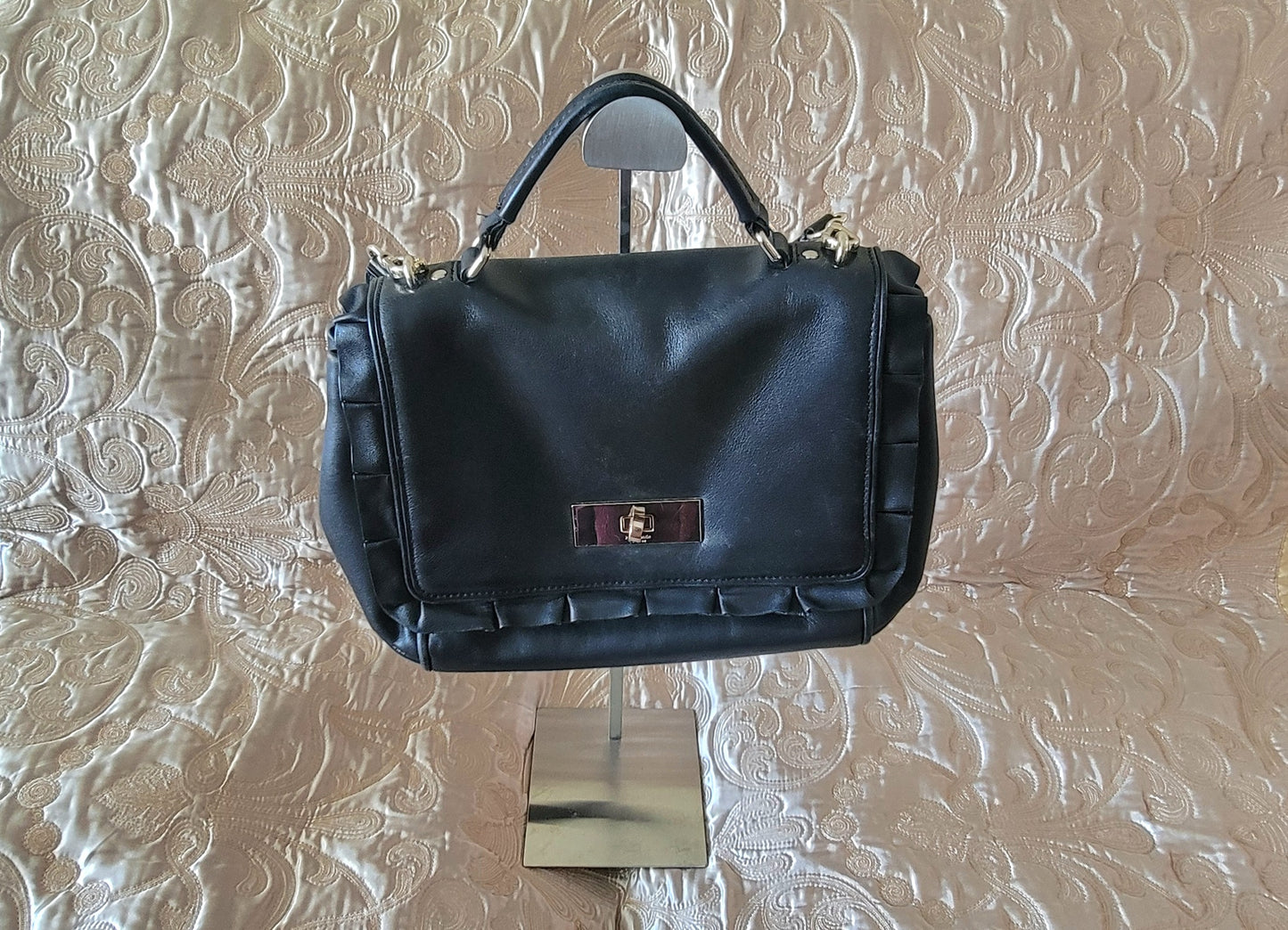 Kate Spade: Black Leather Handbag Ruffle Detail