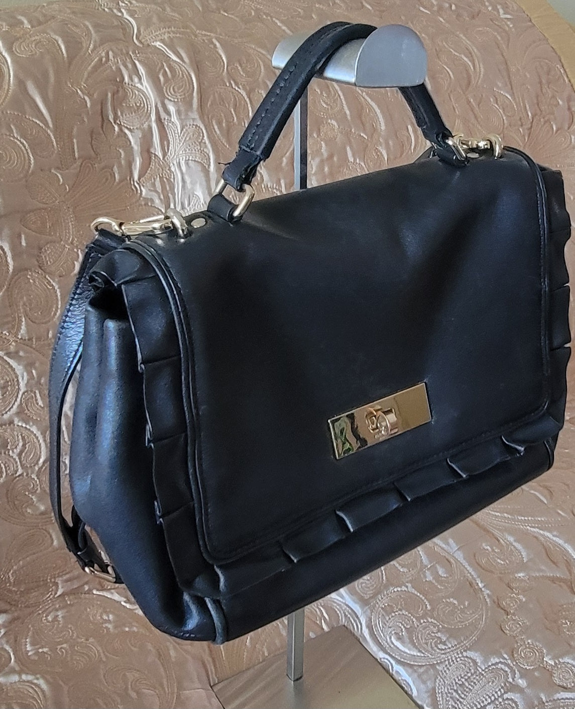 Kate Spade: Black Leather Handbag Ruffle Detail