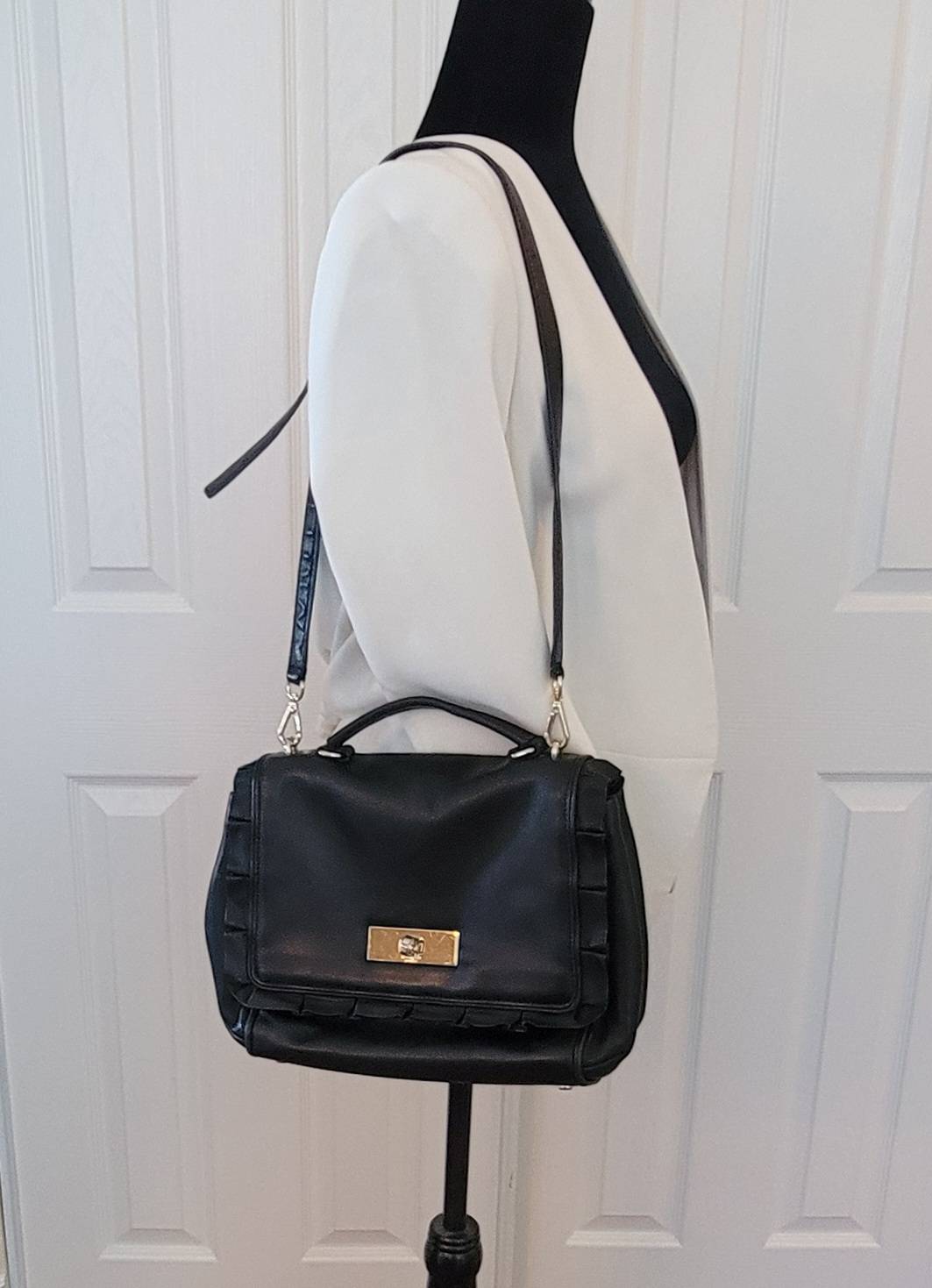 Kate Spade: Black Leather Handbag Ruffle Detail